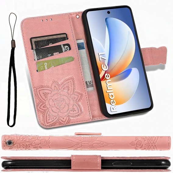 Откидной чехол для Realme C71, Butterfly, розовый rose gold