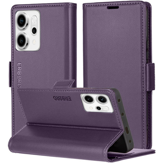 Чохол для Oppo Reno 14, ERBORD Glossy Litchi, гаманець з клапаном, фіолетовий