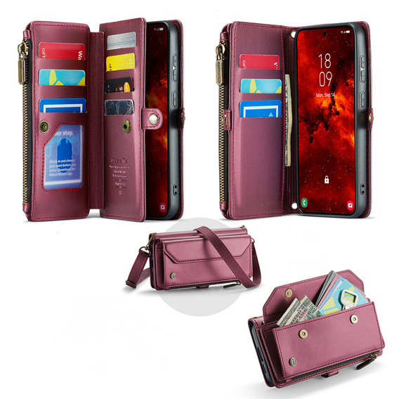 Чехол CASEME для Samsung Galaxy S25 FE, RFID Leather Wallet, с плечевым ремнем, красный