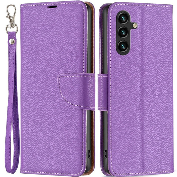 Откидной чехол для Samsung Galaxy A15, Wallet Litchi Leather, фиолетовый + 9H стекло 