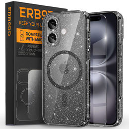 Чехол для iPhone 16, ERBORD Glitter MagSafe, чёрный + стекло для экрана