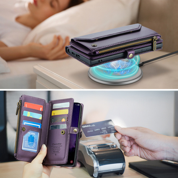 Чехол CASEME для Samsung Galaxy S25 FE, RFID Leather Wallet, с плечевым ремнем, фиолетовый