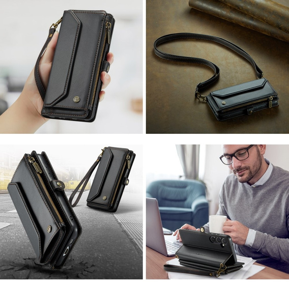 Чехол CASEME для Samsung Galaxy A55 5G, RFID Leather Wallet, с плечевым ремнем, чёрный