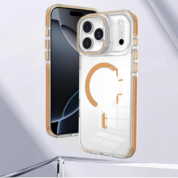 Чехол для iPhone 17 Pro, для MagSafe, с подставкой, прозрачный с золотыми вставками