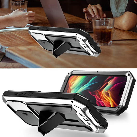 Чехол для iPhone 15 Pro, R-JUST CamShield Slide, бронированный, серебряный / черный