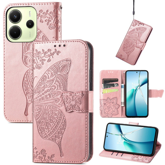 Чохол-книжка для Xiaomi Redmi Note 14 4G, Butterfly, рожевий rose gold