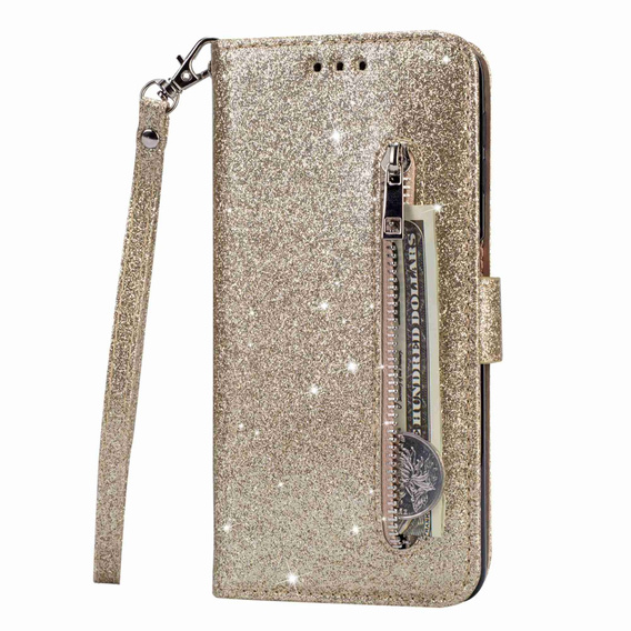 Откидной чехол для Samsung Galaxy S24 Ultra, Wallet Zipper Pocket Glittery, золотой