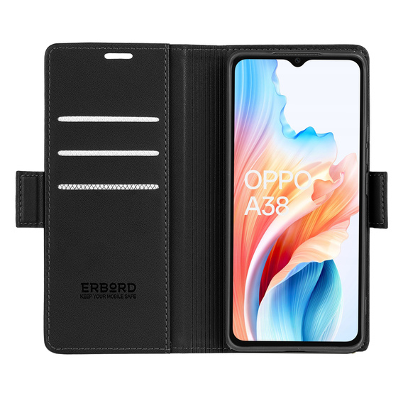 Чехол для Oppo A18 4G / A38 4G, ERBORD Glossy Litchi, кошелек с клапаном, чёрный