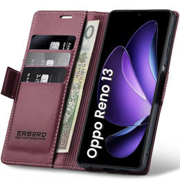 Чехол для Oppo Reno 13, ERBORD Glossy Litchi, кошелек с клапаном, красный