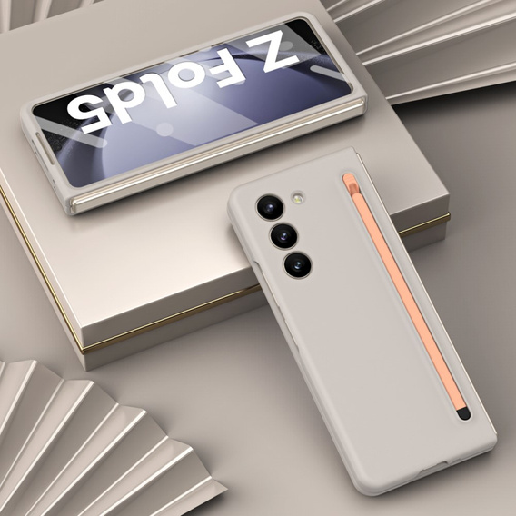 Чехол для Samsung Galaxy Z Fold 5 5G, со стеклом и стилусом, серый / розовый