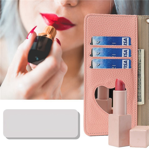 Флип-кейс для Samsung Galaxy A56 5G, Wallet Zipper Pocket, с зеркалом, розовый