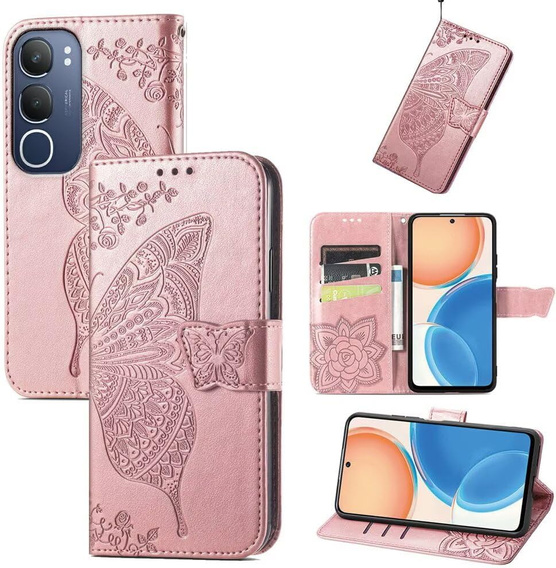 Откидной чехол для Vivo Y19s, Butterfly, розовый rose gold