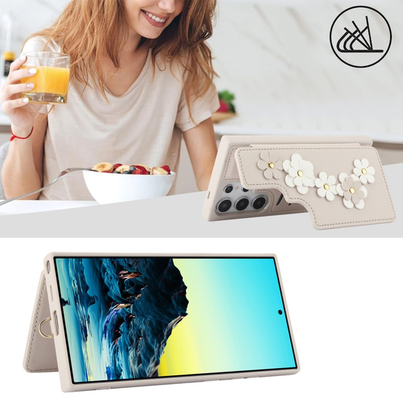 Чехол для Samsung Galaxy S24 Ultra, Leather Flower Card Slot, бежевый