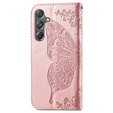 Откидной чехол для Samsung Galaxy A15, Butterfly Flower, розовый rose gold + 9H стекло  