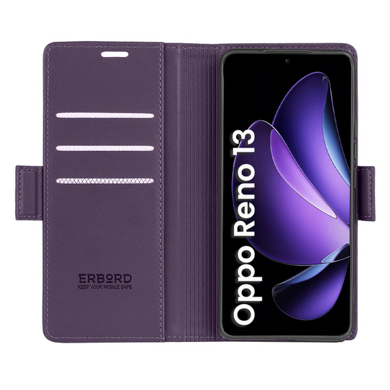 Чохол для Oppo Reno 13, ERBORD Glossy Litchi, гаманець з клапаном, фіолетовий