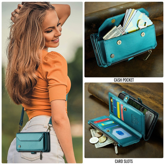 Чехол CASEME для Samsung Galaxy A56 5G, RFID Leather Wallet, с плечевым ремнем, зелёный