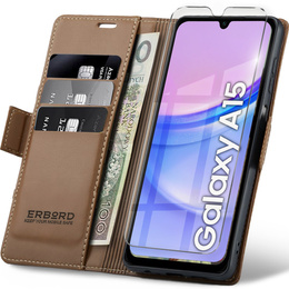 Чохол для Samsung Galaxy A15 4G / 5G, ERBORD Glossy Litchi, фліп-гаманець + загартоване скло 9H