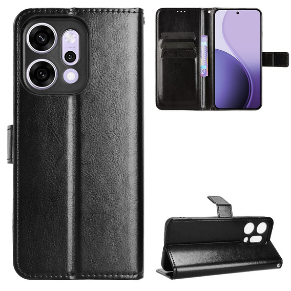 Чехол с откидной крышкой для Oppo Reno 14, текстурированный Crazy Horse, черный