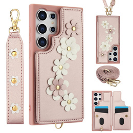 Чохол для Samsung Galaxy S25 Ultra, Leather Flower Card Slot, рожевий
