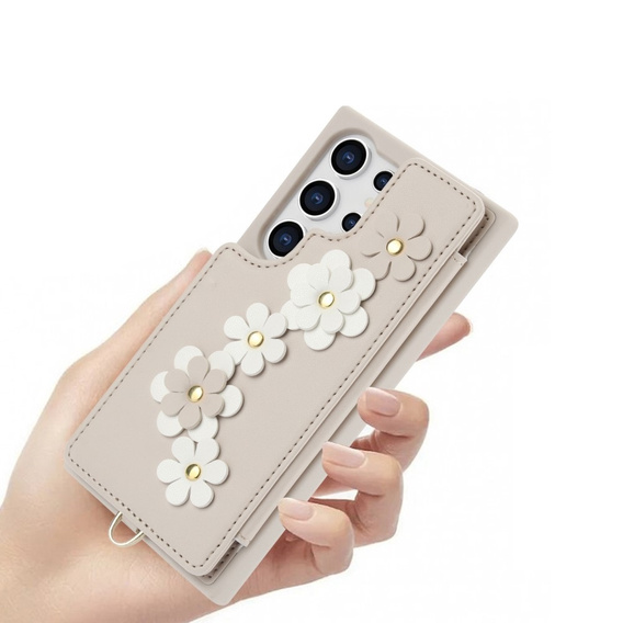 Чехол для Samsung Galaxy S24 Ultra, Leather Flower Card Slot, бежевый