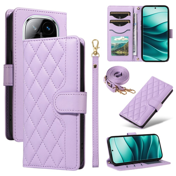 Чохол-сумка для Xiaomi Redmi Note 14 Pro 5G / Xiaomi Redmi Note 14 Pro+ 5G / Xiaomi Poco X7 5G, Rhombus Crossbody Leather, фіолетовий