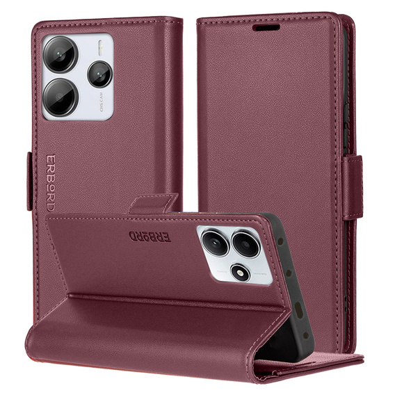 Чохол для Xiaomi Redmi Note 14 5G, ERBORD Glossy Litchi, гаманець з клапаном, червоний