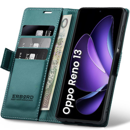 Чохол для Oppo Reno 13, ERBORD Glossy Litchi, гаманець з клапаном, зелений