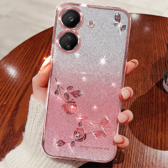 Чохол для Xiaomi Redmi 13C / Poco C65, Glitter Flower, рожевий rose gold