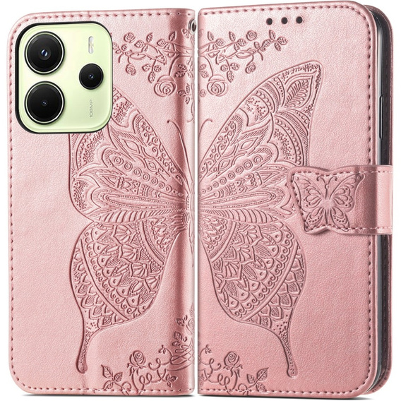 Чохол-книжка для Xiaomi Redmi Note 14 4G, Butterfly, рожевий rose gold