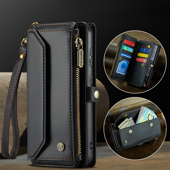 Чехол CASEME для Samsung Galaxy S25 FE, RFID Leather Wallet, с плечевым ремнем, чёрный