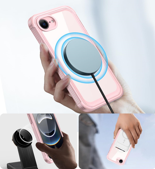 Чехол для iPhone 16E, Shockproof, со стеклом, для MagSafe, розовый