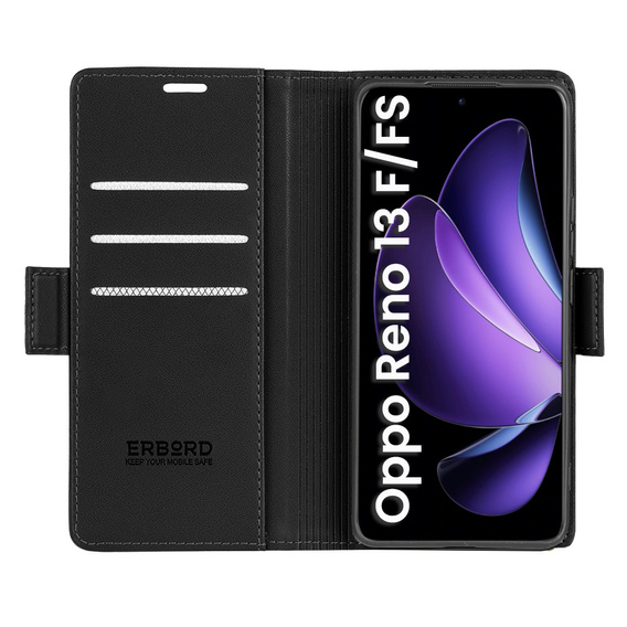 Чохол для Oppo Reno 13F / Oppo Reno 13FS, ERBORD Glossy Litchi, гаманець з клапаном, чорний