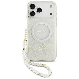 Чехол Guess IML Flowers Electroplated Allover With Beads Strap, для MagSafe, с ремешком для iPhone 17 Pro Max