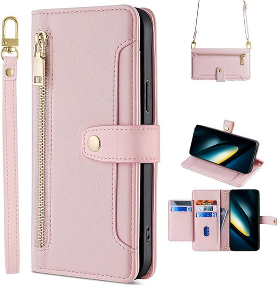 Откидной чехол для Xiaomi Poco F6 Pro, Wallet Zipper Pocket, розовый