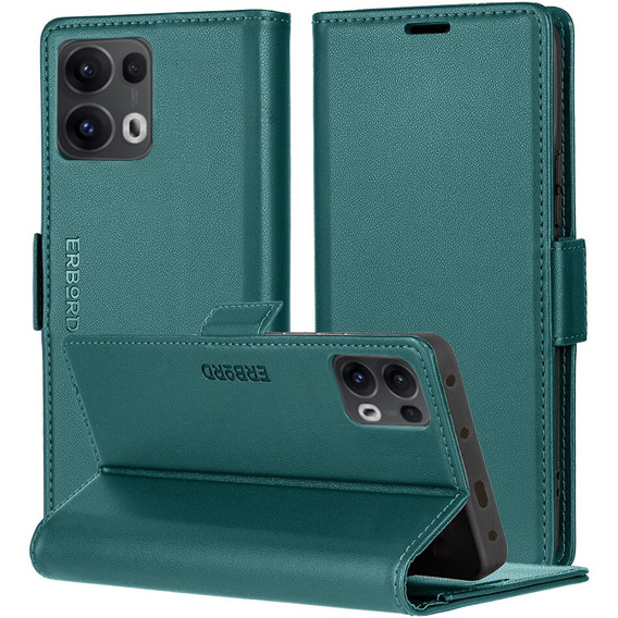 Чехол для Oppo Reno 13 Pro, ERBORD Glossy Litchi, кошелек с клапаном, зелёный
