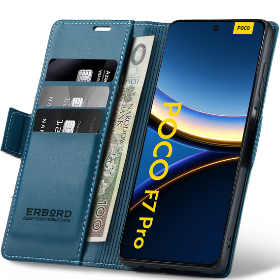 Чехол для Xiaomi Poco F7 Pro, ERBORD Glossy Litchi, кошелек с клапаном, синий