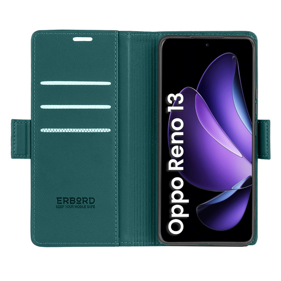 Чохол для Oppo Reno 13, ERBORD Glossy Litchi, гаманець з клапаном, зелений