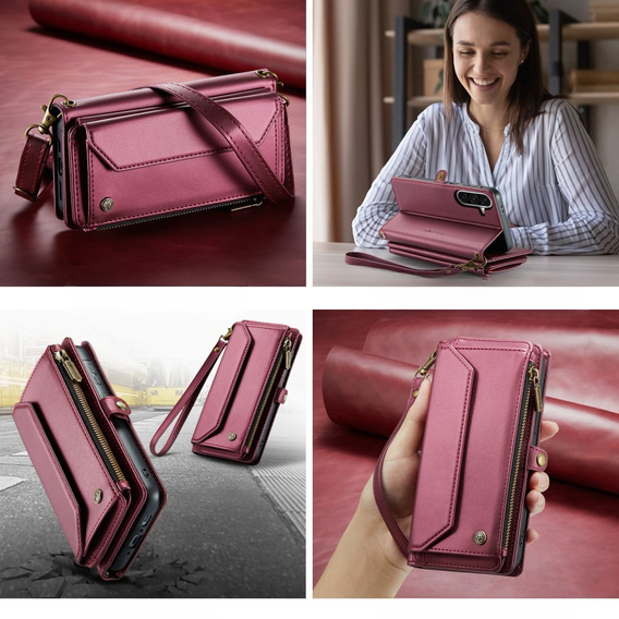 Чехол CASEME для Samsung Galaxy A56 5G, RFID Leather Wallet, с плечевым ремнем, красный