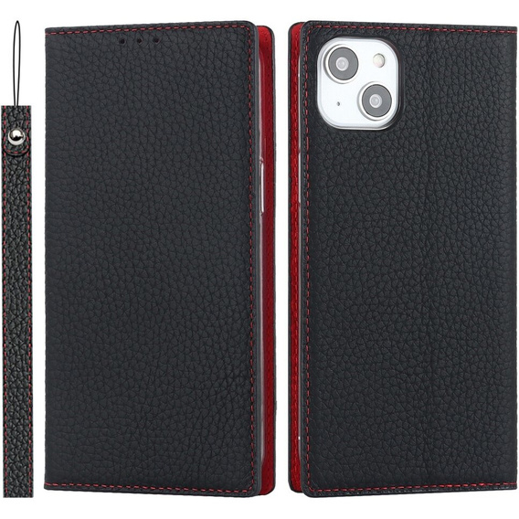 Откидной чехол для iPhone 15, Litchi Skin Grain, чёрный