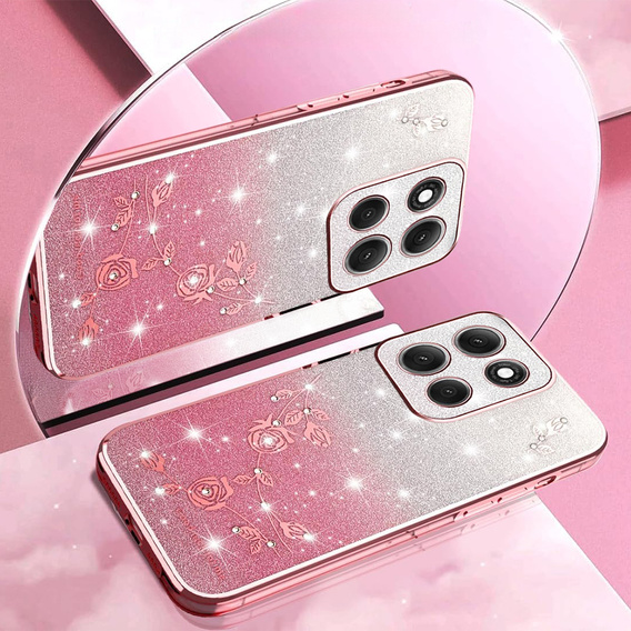 Чехол для Motorola Moto G56 5G, Glitter Flower, розовый rose gold