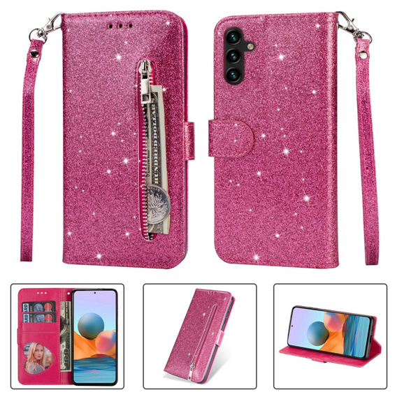 Откидной чехол для Samsung Galaxy A35 5G, Wallet Zipper Pocket Glittery, розовый
