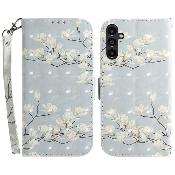 Откидной чехол для Samsung Galaxy A25 5G, Wallet, flowers magnolia, белый + 9H стекло
