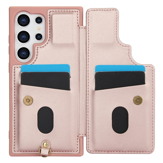 Чохол для Samsung Galaxy S24 Ultra, Leather Flower Card Slot, рожевий