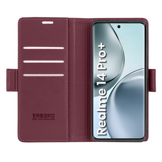 Чохол для Realme 14 Pro+ 5G, ERBORD Glossy Litchi, гаманець з клапаном, червоний
