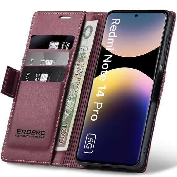 Чехол для Xiaomi Redmi Note 14 Pro+ 5G / Xiaomi Poco X7 5G / Xiaomi Redmi Note 14 Pro 5G, ERBORD Glossy Litchi, кошелек с клапаном, красный