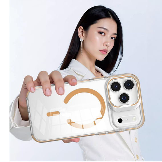 Чохол для iPhone 17 Pro Max, для MagSafe, з підставкою, прозорий із золотими вставками