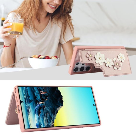 Чохол для Samsung Galaxy S25 Ultra, Leather Flower Card Slot, рожевий