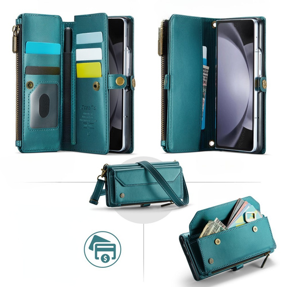 Чехол CASEME для Samsung Galaxy Z Fold6 5G, RFID Leather Wallet, с плечевым ремнем, зелёный