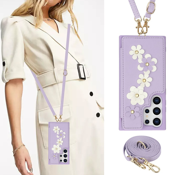 Чехол для Samsung Galaxy S25 Ultra, Leather Flower Card Slot, фиолетовый