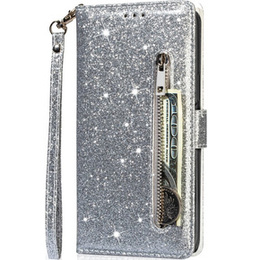 Откидной чехол для Samsung Galaxy A55, Wallet Zipper Pocket Glittery, серебряный